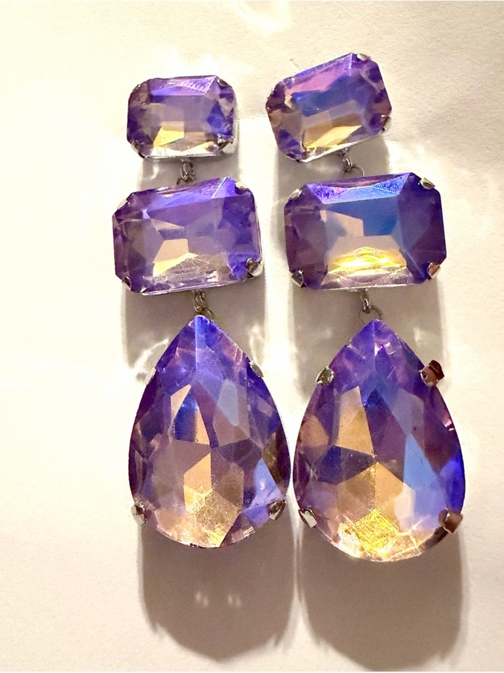 Iridescent Purple Crystal Rhinestone Dangle Earrings